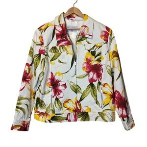 Pamela McCoy Floral Jacket Womens Large White Red Yellow Tropical Zip Up Stretch